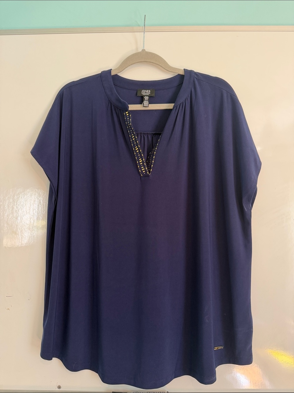 Jones New York Navy V-Notch Short Sleeve Tunic with Beaded Trim